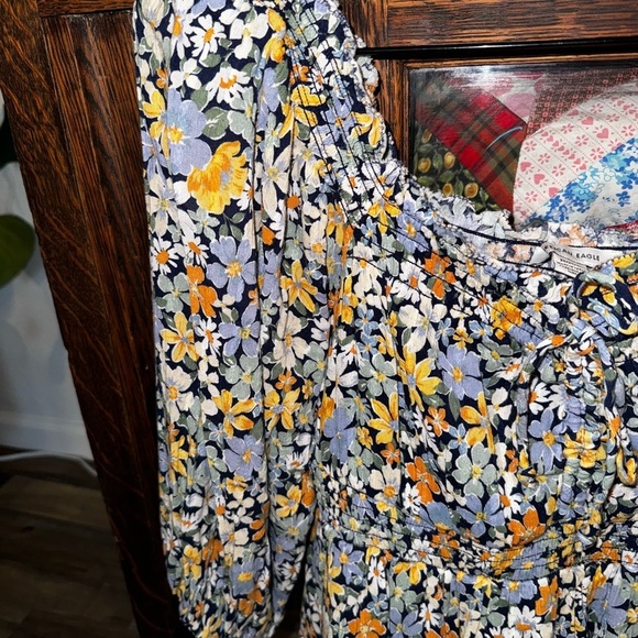 AEO Blue Yellow Floral Smocked Prairie Off the Shoulder Long Sleeve Mini Dress M - Picture 3 of 5